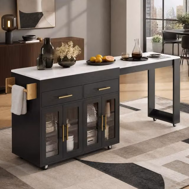 Carrello da cucina con piano estraibile, 2 cassetti, 2 ante in vetro e ripiani regolabili, per cucina, nero