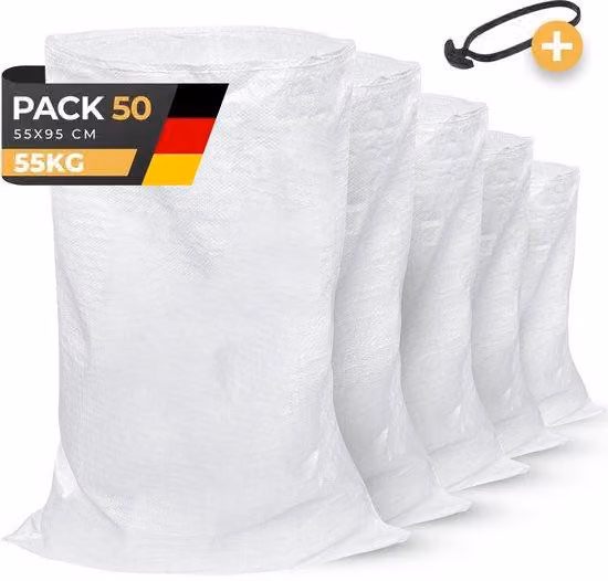 Sacchi di sabbia in polipropilene (50 pezzi) | 55 x 95 cm - extra resistenti (55 kg) e riciclabili | Ideali per il giardino, l'edilizia, le foglie, il terriccio e la sabbia