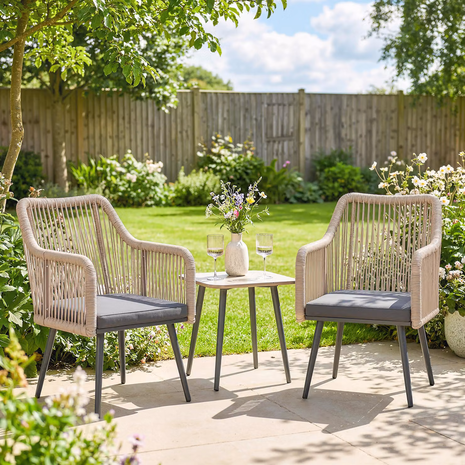 Set di 2 sedie da giardino Outsunny con braccioli e cuscini in rattan PE e acciaio, Grigio Scuro, L: 54 cm, P: 65 cm, H: 80 cm – 2