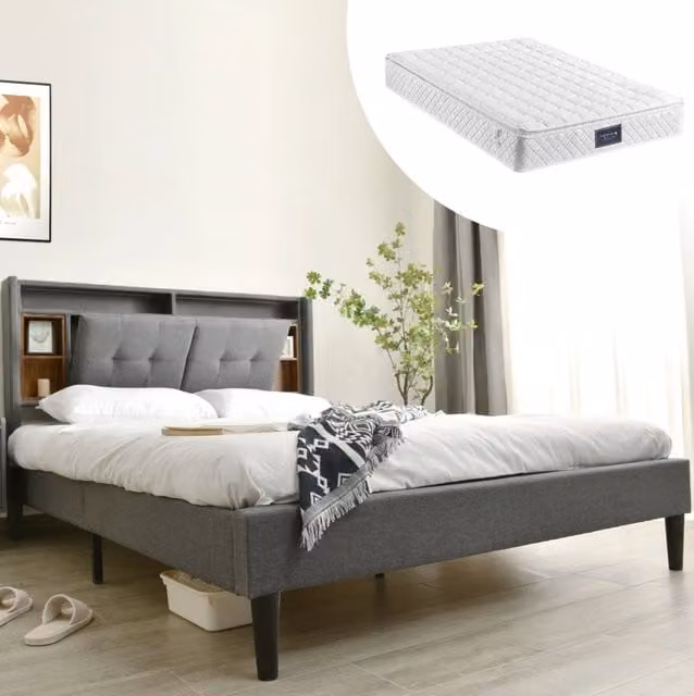 Letto imbottito 140x200 cm grigio con testiera contenitore, LED, USB e materasso H3