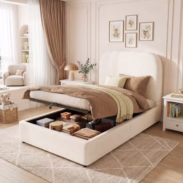 Letto contenitore singolo 90x200 cm per bambini; con contenitore idraulico; rete a doghe; testiera capitonné; bouclé; beige