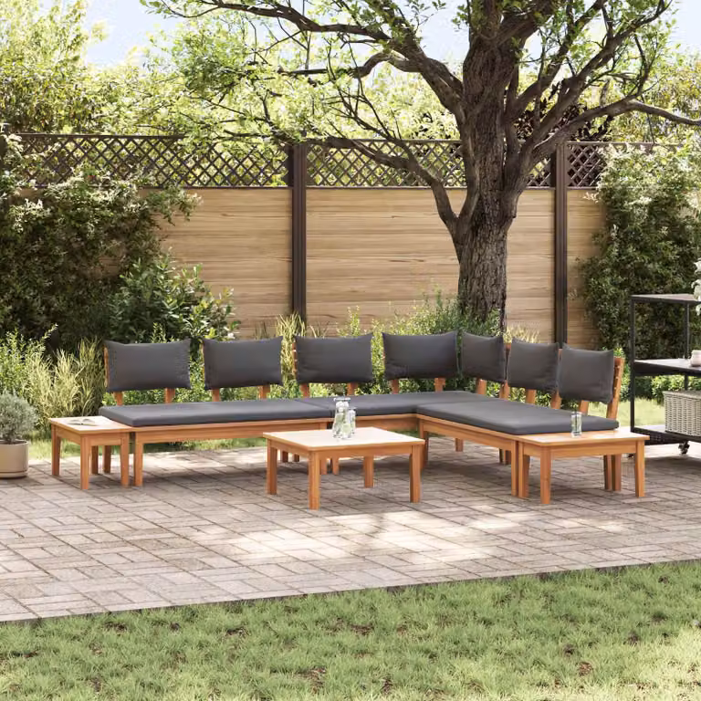 Set Divano da Giardino a L vidaXL in Legno di Teak con Tavolino e Cuscini, Marrone e Grigio