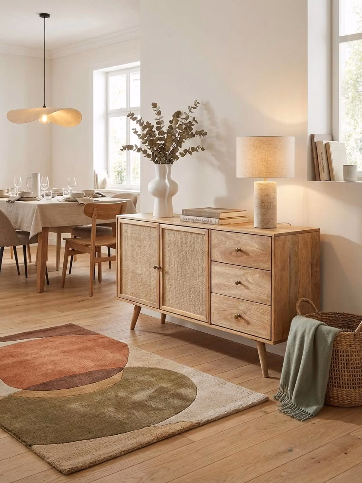 Credenza di design 140x75x40 cm in legno massello di mango / rattan, cassettiera a 3 cassetti, cassettiera alta in legno massello, mobile soggiorno, 2 scomparti con ante in vimini intrecciato
