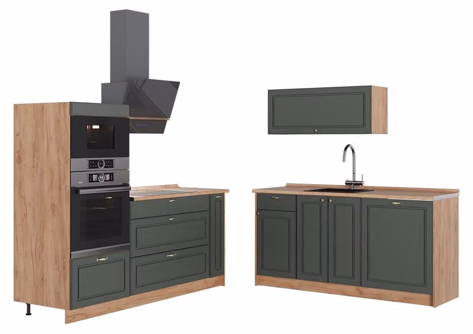 Cucina Vicco Fame-Line Verde-oro rustico/Rovere dorato 340 cm, PL Rovere, Model 63706