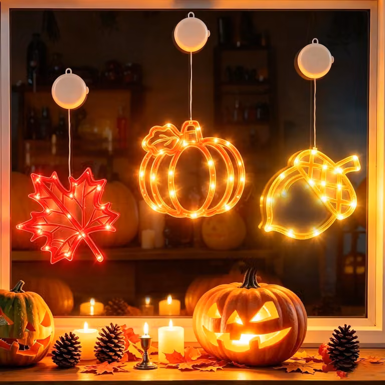 Set di 3 luci decorative per finestre a tema autunnale, con timer, a forma di zucca e con foglie d'acero