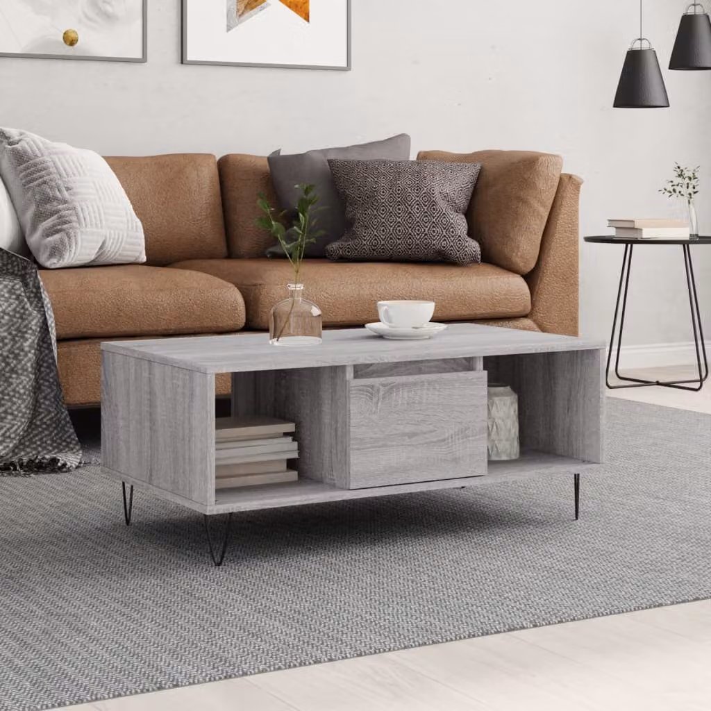 vidaXL Tavolino da salotto moderno in legno e metallo, colore grigio, L 90 cm x P 50 cm x H 36,5 cm