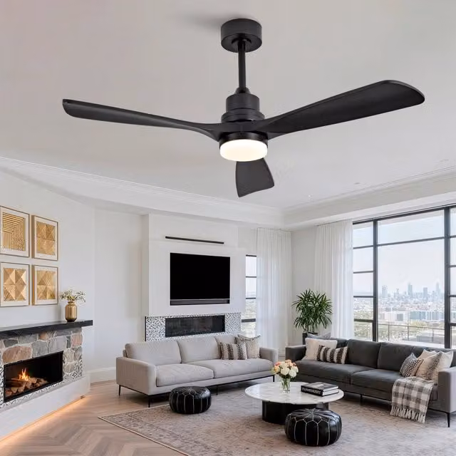 Ventilatore a soffitto Minimal con luce e telecomando, 3 pale in legno massello nero, 6 velocità, dimmerabile e rotazione inversa – 1