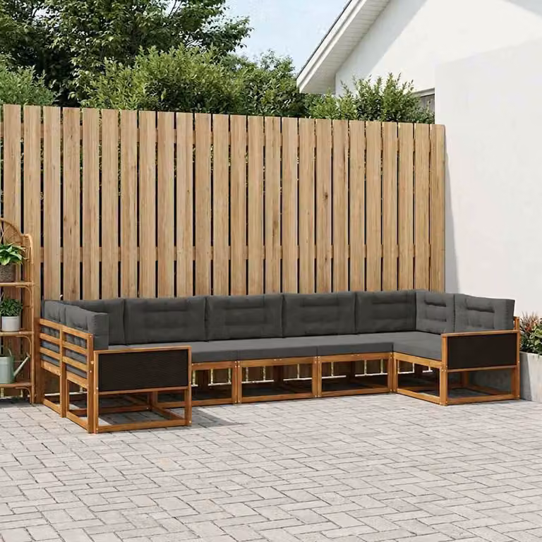 vidaXL Set di divani da esterno a L in legno di acacia con cuscini, 7 pezzi, Marrone e Antracite