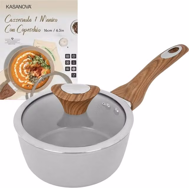 Casseruola con coperchio in vetro Kasanova New Ceramic grigio, diametro 16 cm, rivestimento in ceramica antiaderente