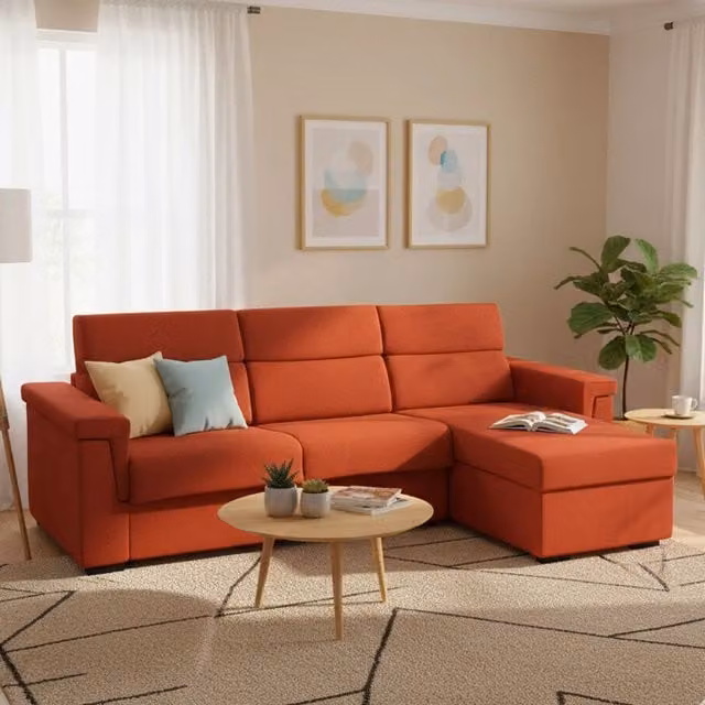 Divano Letto Ganzaria DMORA con Penisola Sfoderabile, Made in Italy, Arancione, L/P/H: 285 x 160 cm