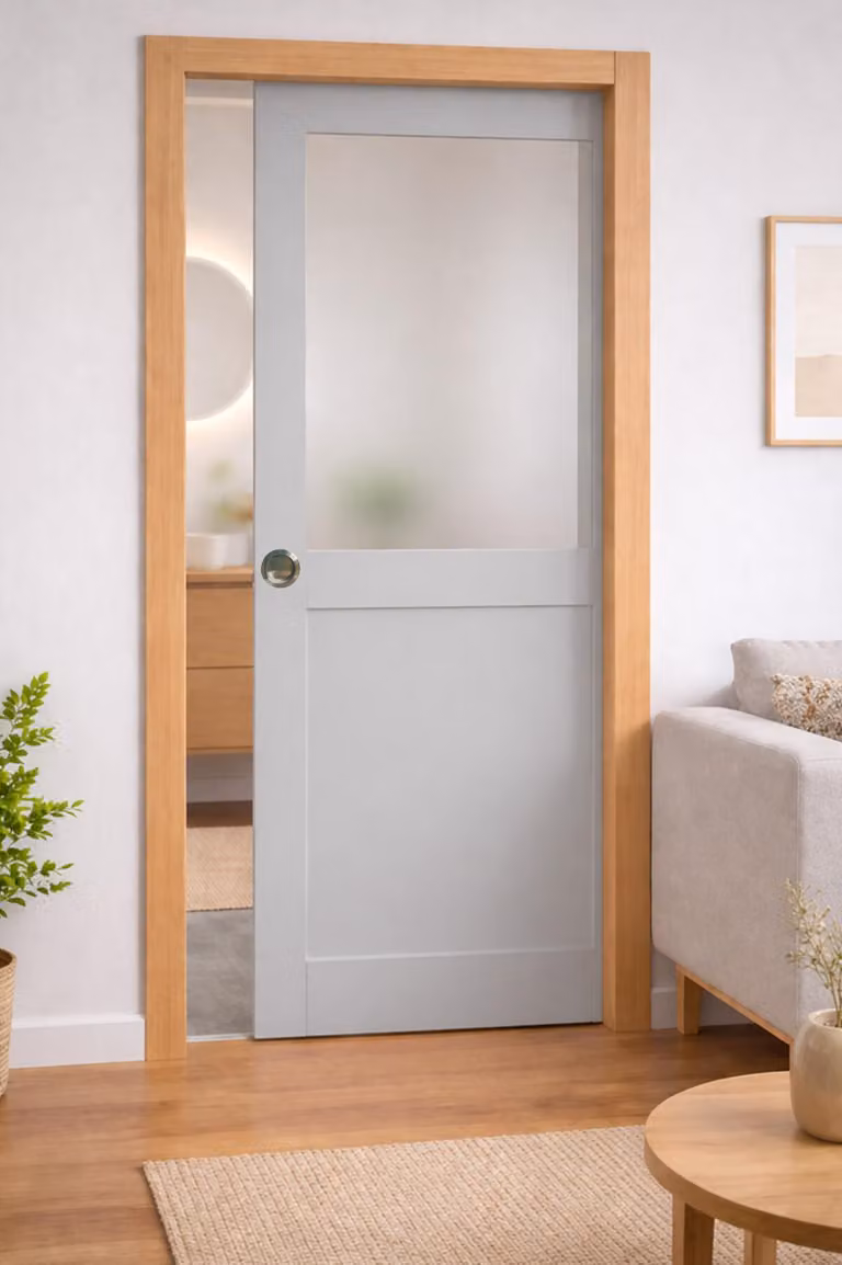Porta scorrevole Athena grigia chiara con vetro H204 x L83 cm, a scomparsa, kit finitura Gd Menuserie