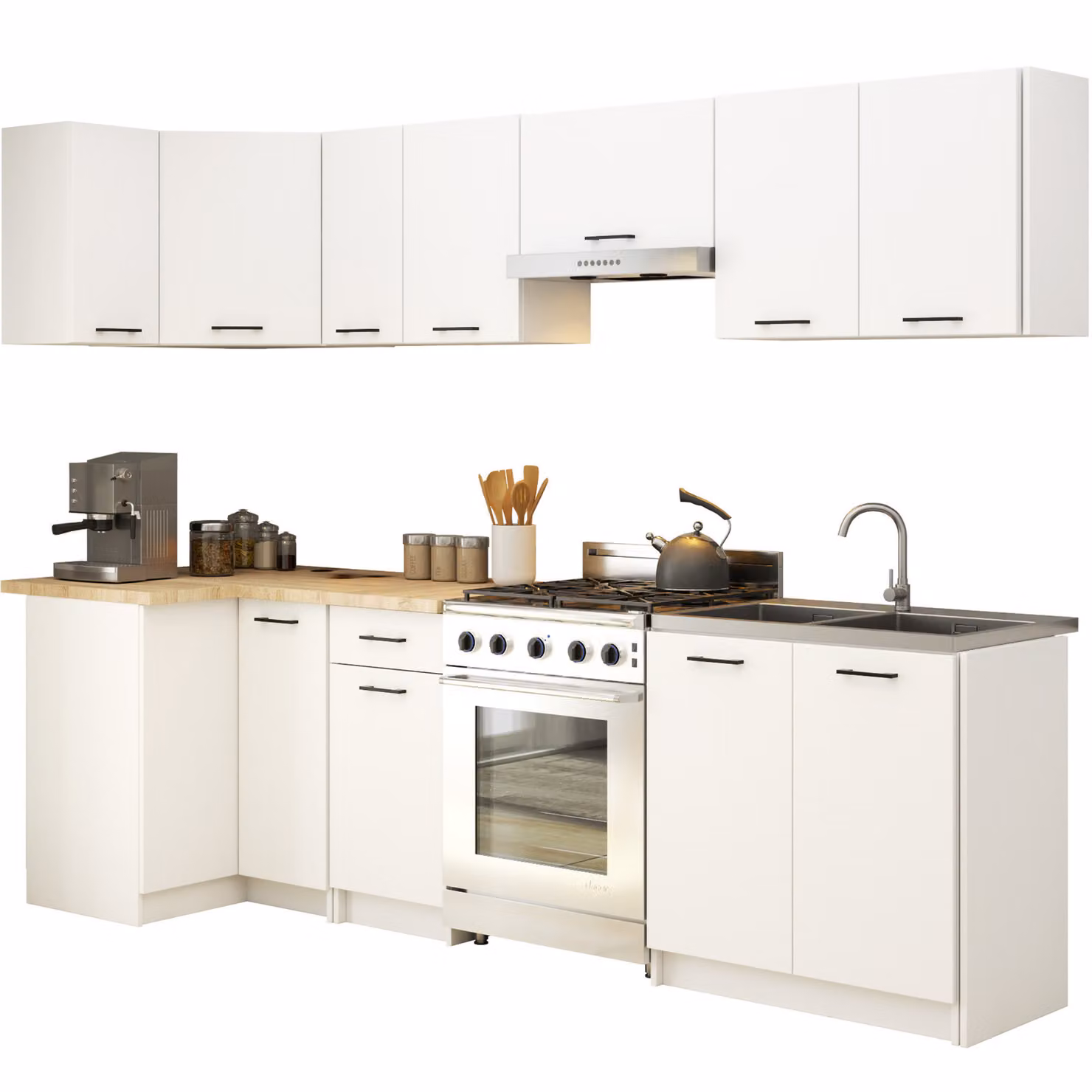 Set da cucina: un cassetto, undici ante, sedici ripiani, colore: bianco