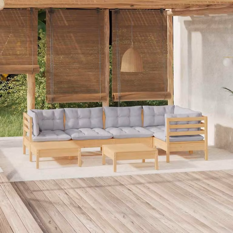 Set di divani da giardino vidaXL in legno di pino massello con cuscini grigi, composizione a L con pouf e moduli angolari, stile moderno
