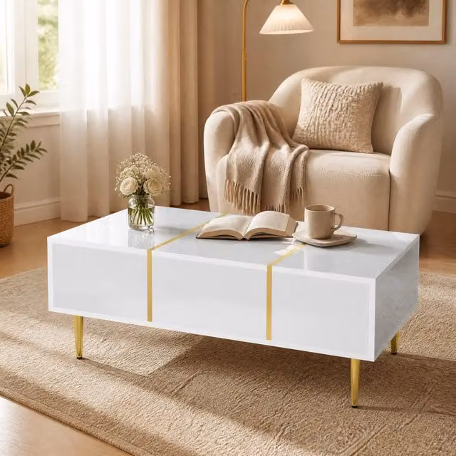 Tavolino basso Mivray moderno in MDF bianco lucido con dettagli metallici dorati L/P/H: 100 x 60 x 41.5 cm – 1