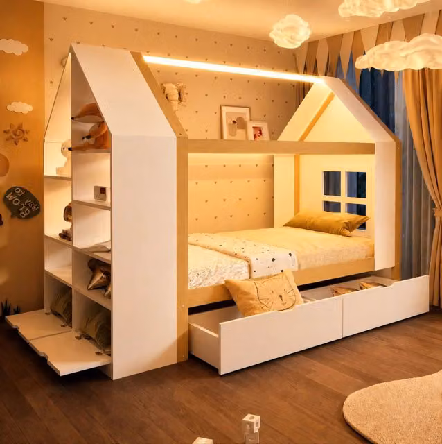 Letto per bambini a casetta con LED e app; 2 cassetti; 90 x 200 cm; legno massello; bianco e legno naturale