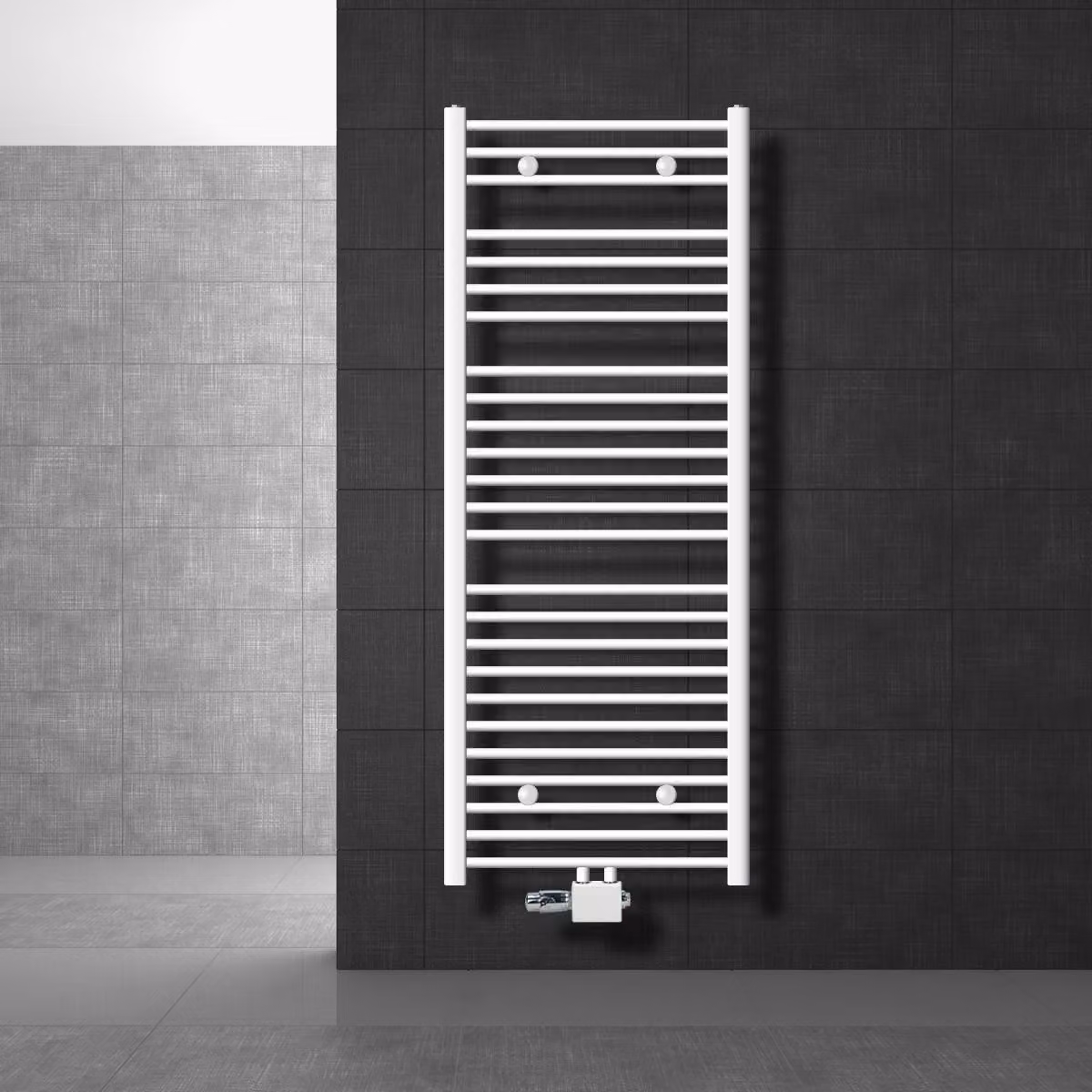 LuxeBath radiatore bagno attacco centrale 600 x 1500 mm bianco diritto con termostato e set di collegamento Angolo universale e diritto passante, senza elemento riscaldante