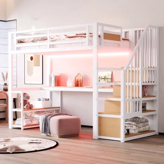 Letto a soppalco 90x200 cm con scala contenitore; mensole e scrivania in metallo bianco