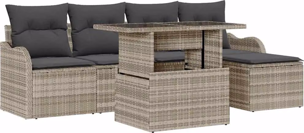 Set da esterno con cuscino 6 pcs Grigio chiaro Poly Rattan