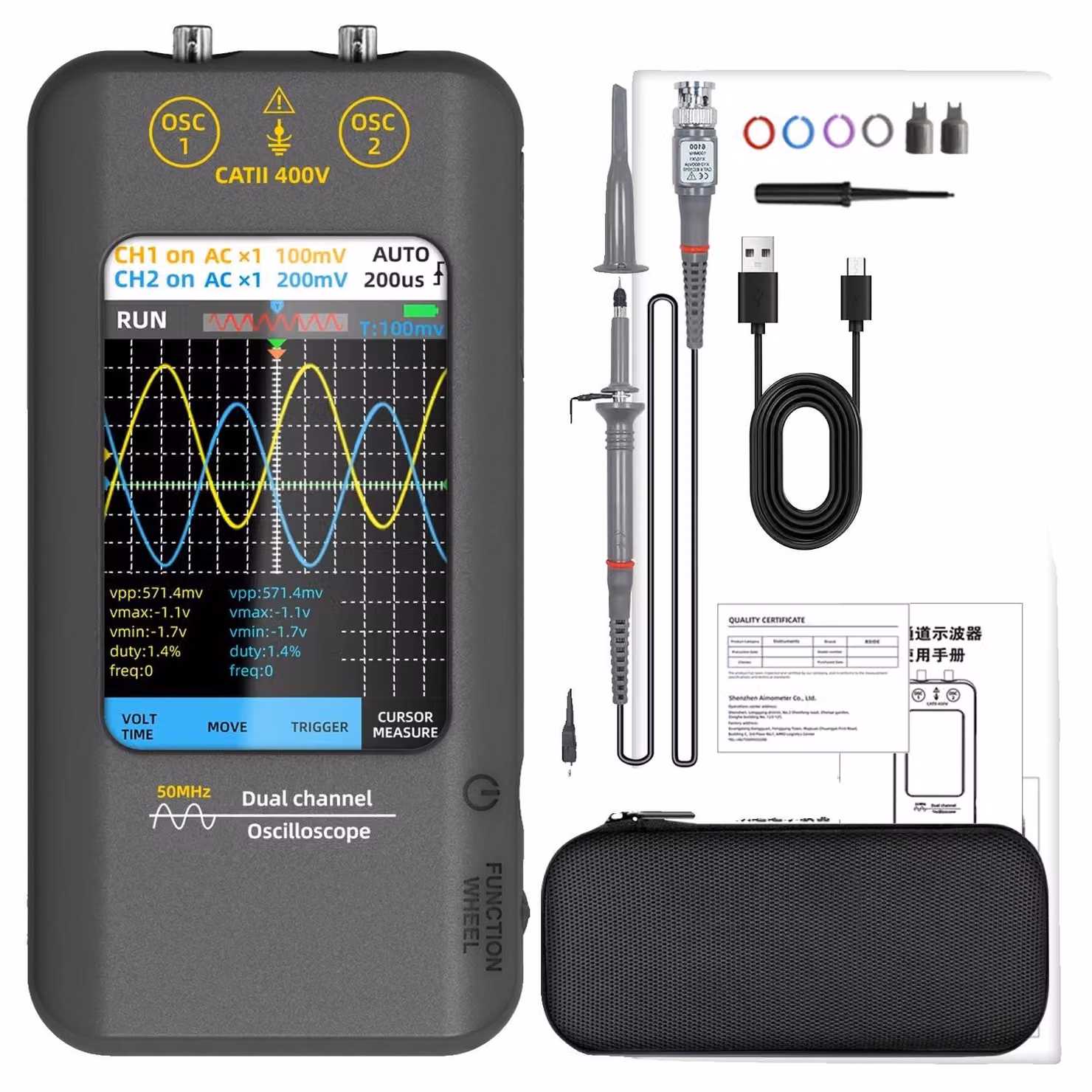 Oscilloscopio portatile, 50 MHz a doppio canale, display touchscreen, O2