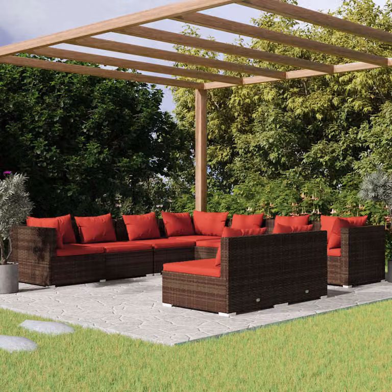 Set di divani da giardino vidaXL a forma di U composto da 9 pezzi con cuscini imbottiti in rattan marrone e struttura in metallo