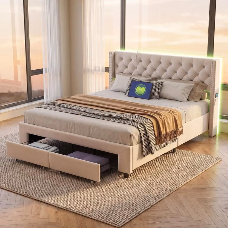 Letto imbottito INONEFT, dimensioni 180x200 cm, con contenitore, letto matrimoniale con 2 cassetti e porta USB, struttura letto LED con rete a doghe, letto per ragazzi, in velluto, color beige