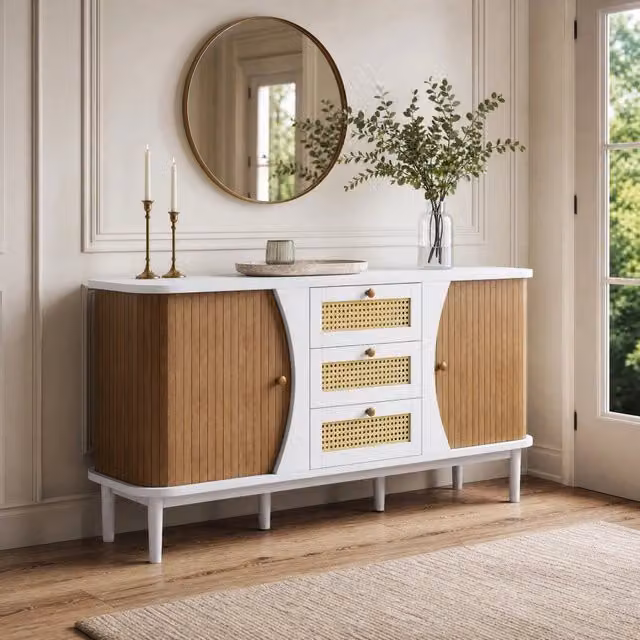 Credenza con 3 cassetti in rattan; ante con ripiani regolabili; 140;5 x 40 x 76 cm; bianca e legno
