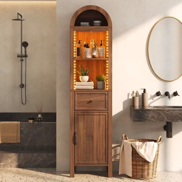 Colonna bagno Minimal con LED e cassetto colore noce L/P/H: 40 x 30 x 163 cm