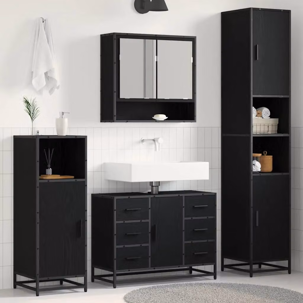Set di mobili per il bagno moderno vidaXL in 3 pezzi, colore nero e rovere, con armadietto a specchio, mobile lavabo e colonna alta, L/P/H: 90 x 33 x 188,5 cm – 1