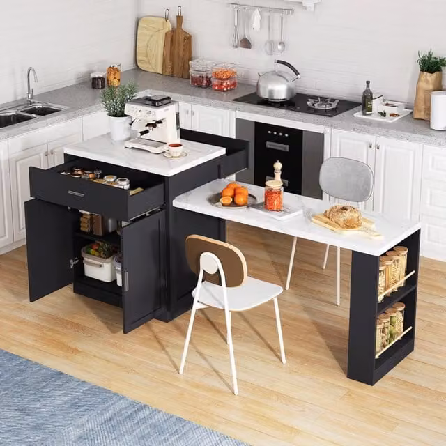 Isola cucina Vovees Living con tavolo estraibile per 4-6 persone, finitura nero e marmo bianco, in MDF, L: 211 cm, P: 55 cm