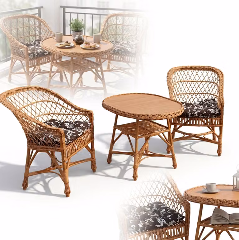 SET DI MOBILI DA GIARDINO: 2 poltrone e tavolino in legno naturale, per terrazza o balcone, di forma ovale