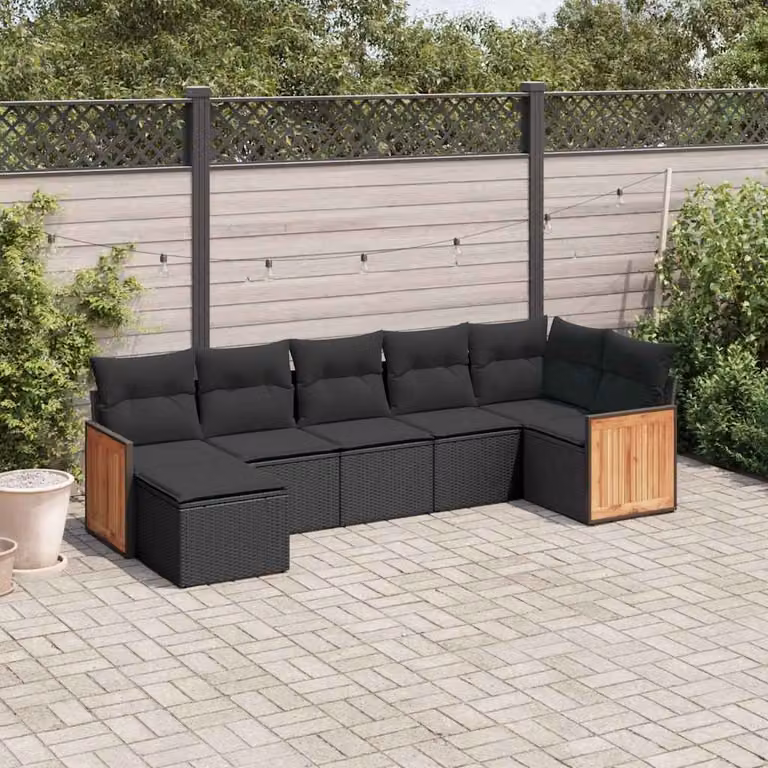 Set di divani da giardino vidaXL in polyrattan nero con 7 pezzi e cuscini imbottiti