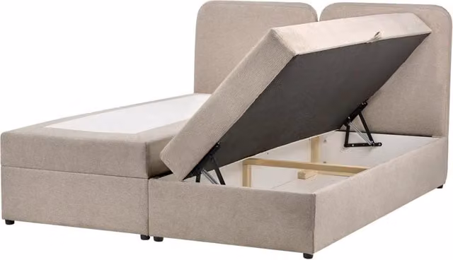 Letto matrimoniale con contenitore sollevabile BELIANI rivestito in tessuto beige L/P/H: 160 x 200 x 103 cm