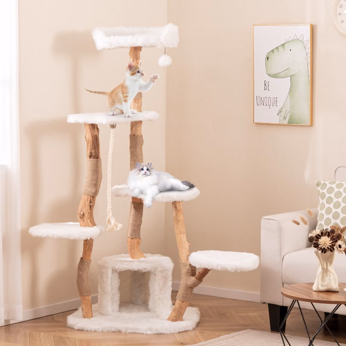 Albero per gatti Costway in legno massello bianco con grotte e giochi integrati, Altezza: 168 cm