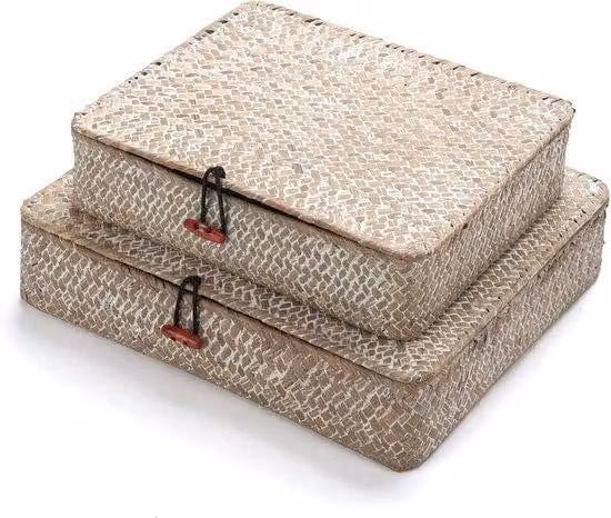 Cestini portaoggetti in seagrass con coperchio - Organizzatore rettangolare - Scaffale in rattan - Impilabile in modo naturale - Set di 2 (grande + piccolo) - Whitewash
