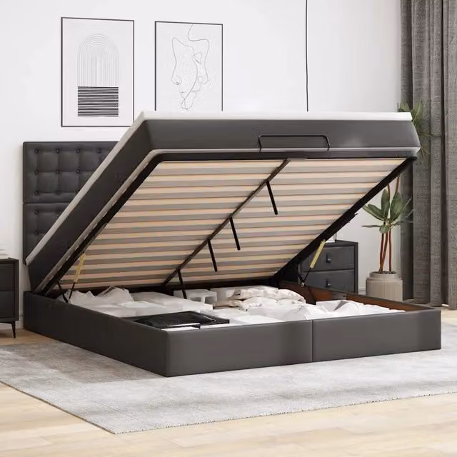 Letto con contenitore a sollevamento e materasso vidaXL in similpelle nero e bianco L/P/H: 203 x 180 x 118 cm – 1