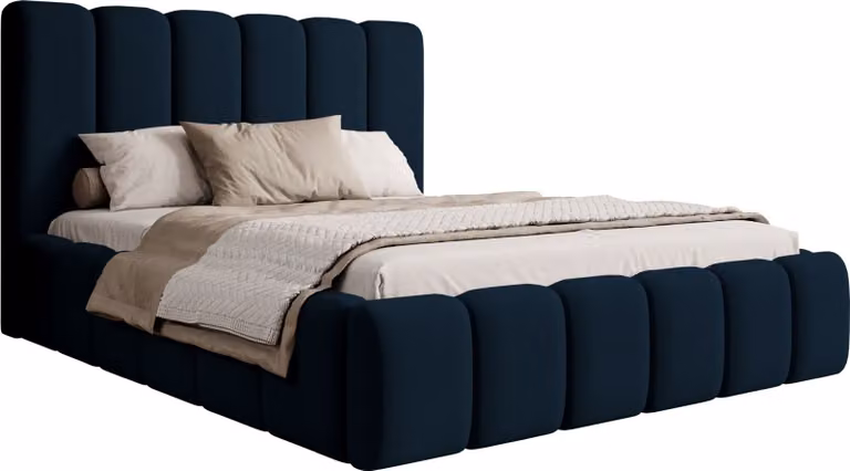 Selsey Biscottino - Letto imbottito 180x200 con contenitore, rete a doghe, rivestimento in velluto, blu scuro