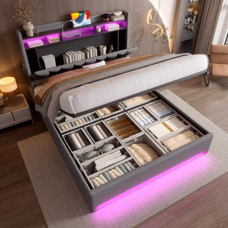Letto matrimoniale STILVORA 160x200 con rivestimento imbottito e illuminazione a LED, letto per ragazzi con contenitore, cassettone e vano portaoggetti nella testiera, funzione di ricarica USB Type-C, grigio, con materasso