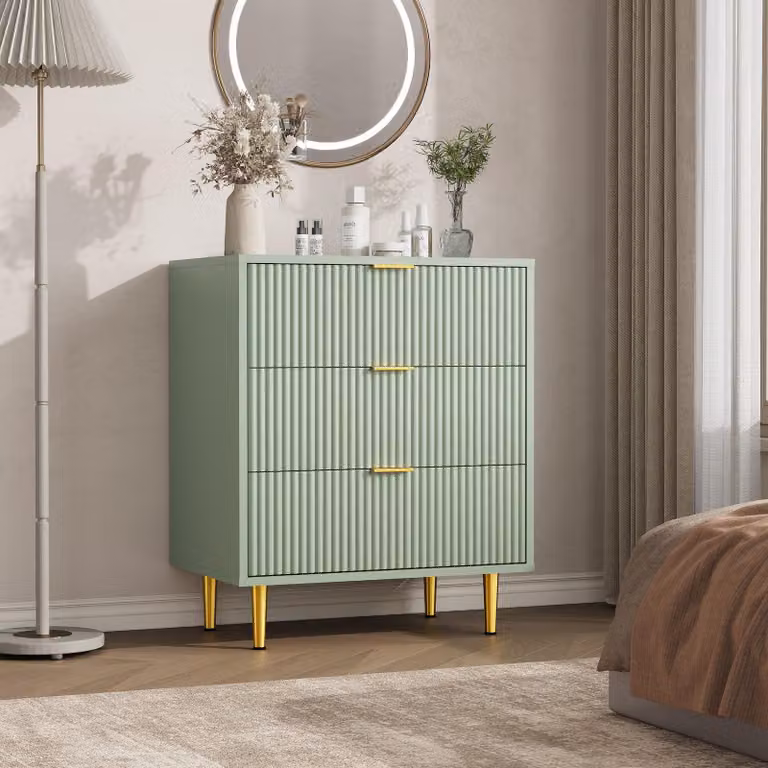 Comodino con frontale scanalato, 3 cassetti, ideale per la camera da letto o il soggiorno. Colore: verde oliva