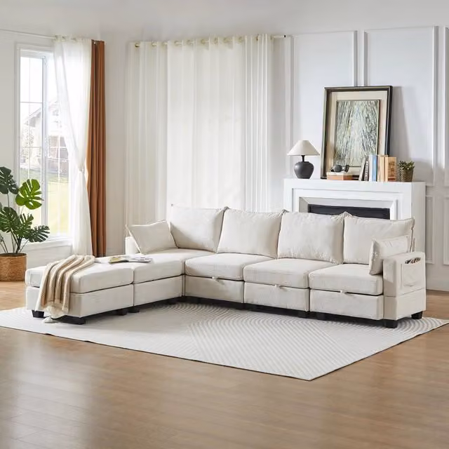 Divano letto modulare con vani contenitore in ciniglia beige