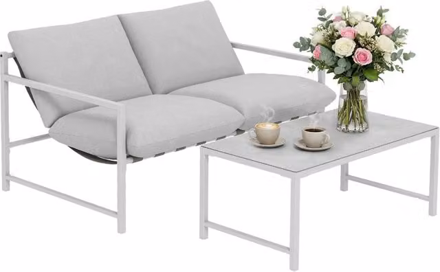 Divano da giardino 2 posti con cuscini e tavolino in vetro temperato ¨C Minimal ¨C grigio chiaro 125x80x64cm