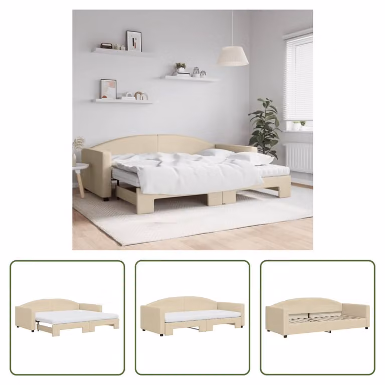 The Living Store Lettino allungabile con materassi panna 90x200 cm in tessuto
