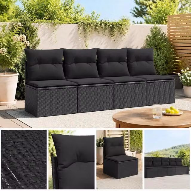 Garden Sofa With Cushions 4-seater Black Poly Rattan