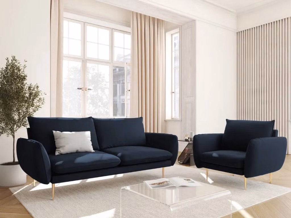Poltrona Vienna Cosmopolitan Design in velluto blu con struttura in metallo e braccioli – 2