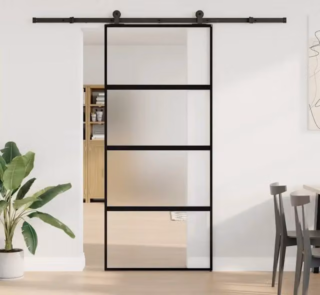 Porta Scorrevole Moderna vidaXL in Alluminio e Vetro Temperato Trasparente con Colore Nero L: 90 cm, H: 205 cm – 1