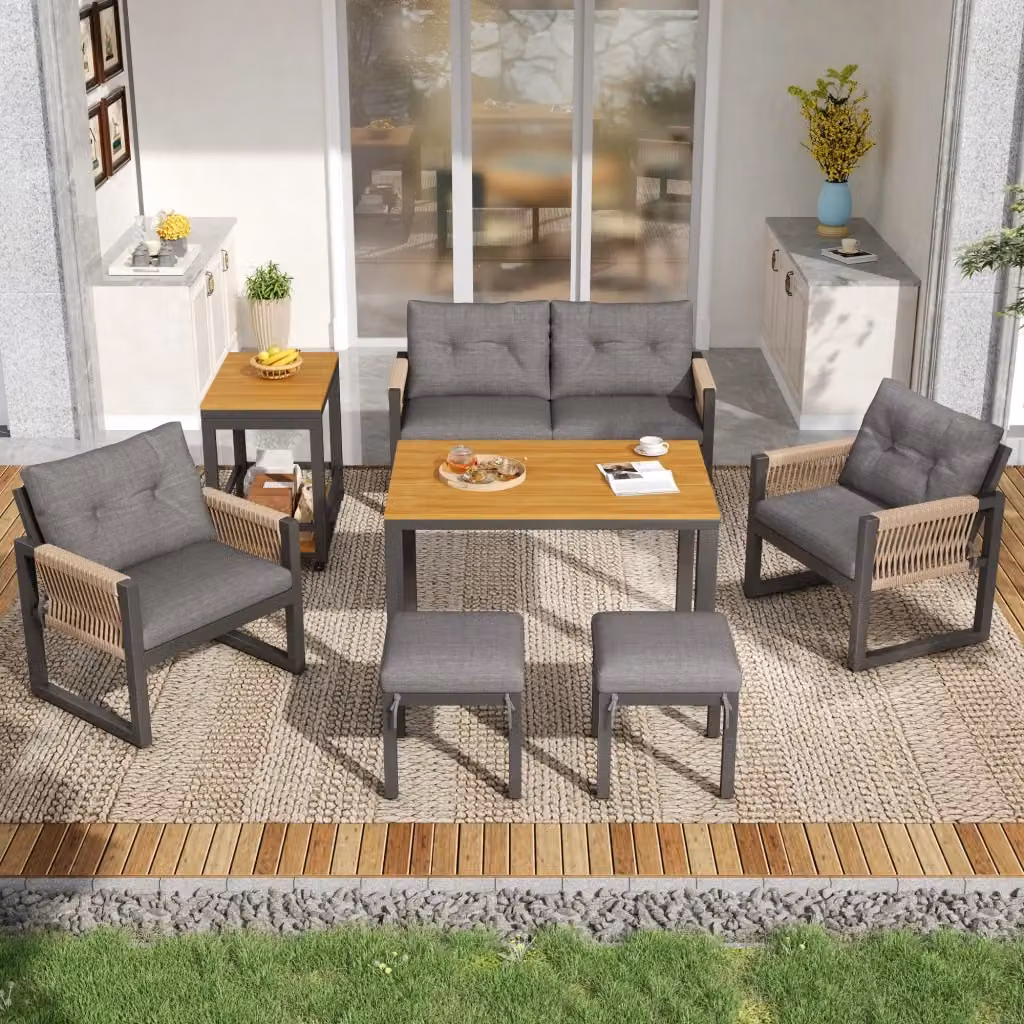 Set da giardino Outsunny moderno con divano a 2 posti, poltrone, tavolino e pouf in metallo e tessuto, grigio e beige – 2