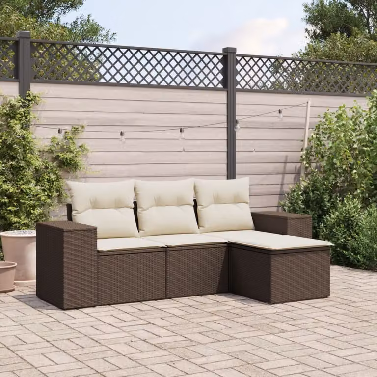 vidaXL Set Divano da Giardino a L 4 pz in Polyrattan Marrone e Bianco con Cuscini Imbottiti e Coperture Rimosse