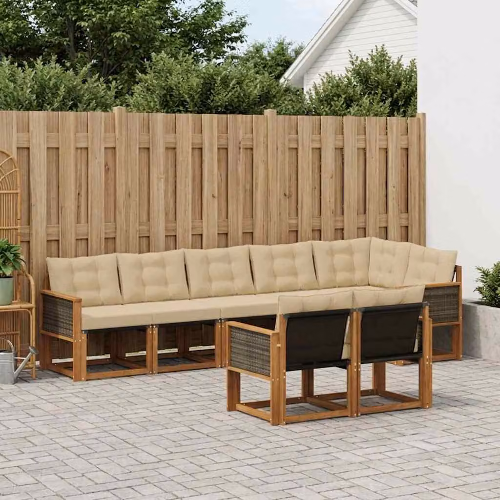 Set di divani da esterno a L vidaXL 8 pz in legno di acacia e tessuto beige con cuscini inclusi