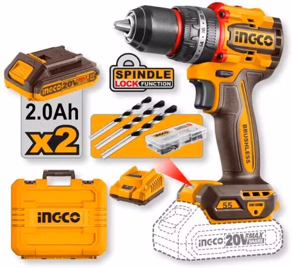 Trapano a Percussione INGCO 20V Compact Brushless 54Nm Giallo con 2 Batterie 2.0Ah