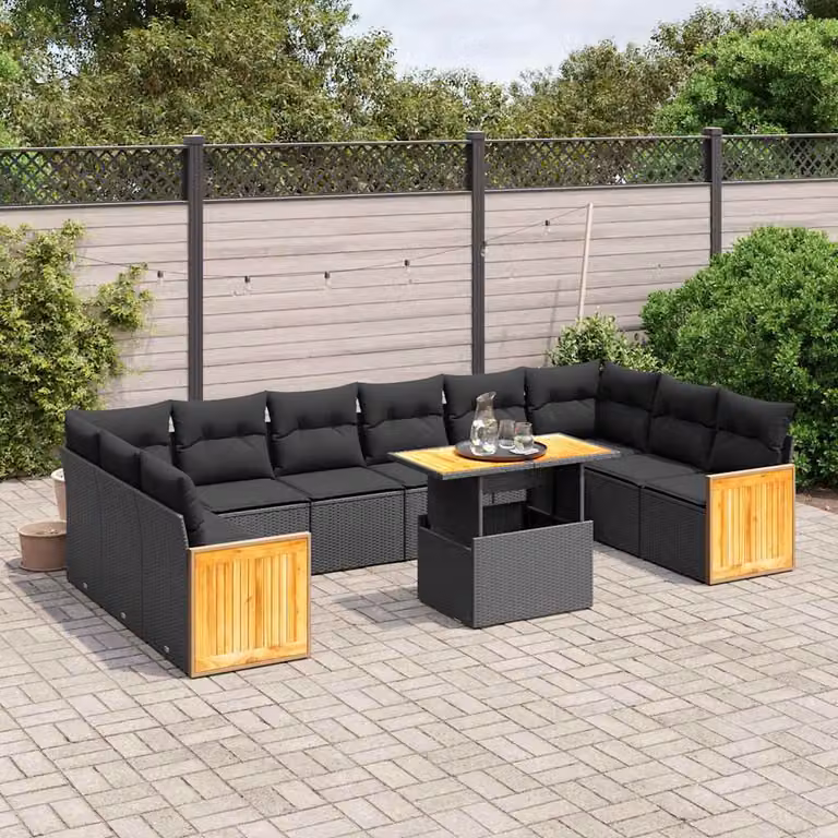 Set di divani da giardino vidaXL in polyrattan nero con cuscini, componibile a forma di U per esterno e terrazza