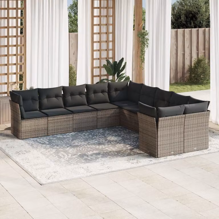 vidaXL Set Divano da Giardino 10 pz in Polyrattan Grigio con Cuscini Imbottiti e Rivestimenti Rimovibili